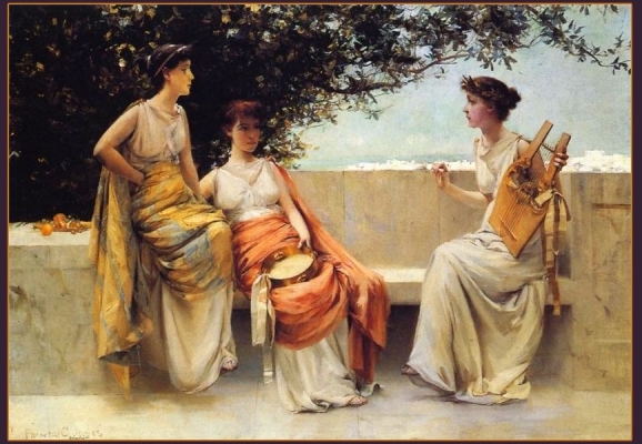 Sappho with Lyre and girls. Artwork “Sappho” created by Francis Coates Jones